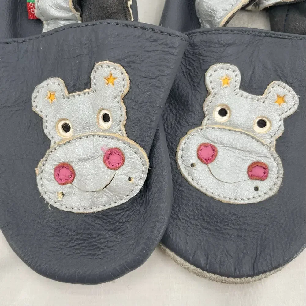 Hippo Baby Shoes Gray Leather Soft Sole Crib Shoe Toddler House Slippers 18-24m